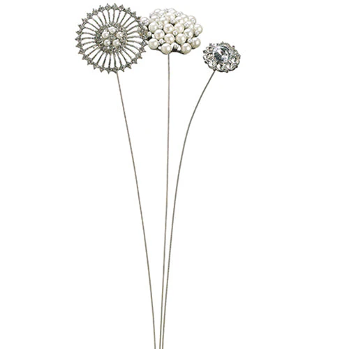 13.5" Set Of Mixed Artificial Bridal Jeweled Stem Pick Assortment Two -Silver (Pack of 3)