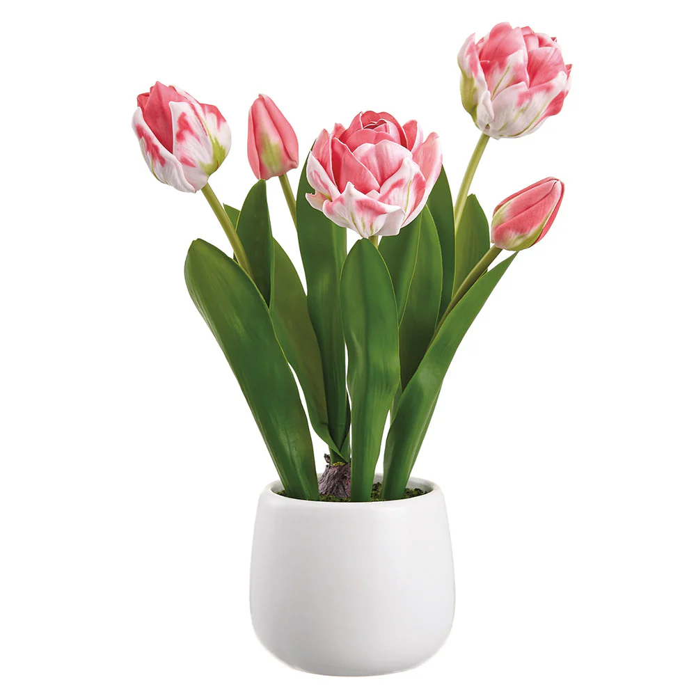 13.5" Tulip Silk Flower Arrangement w/Ceramic Vase -Coral (Pack of 6)