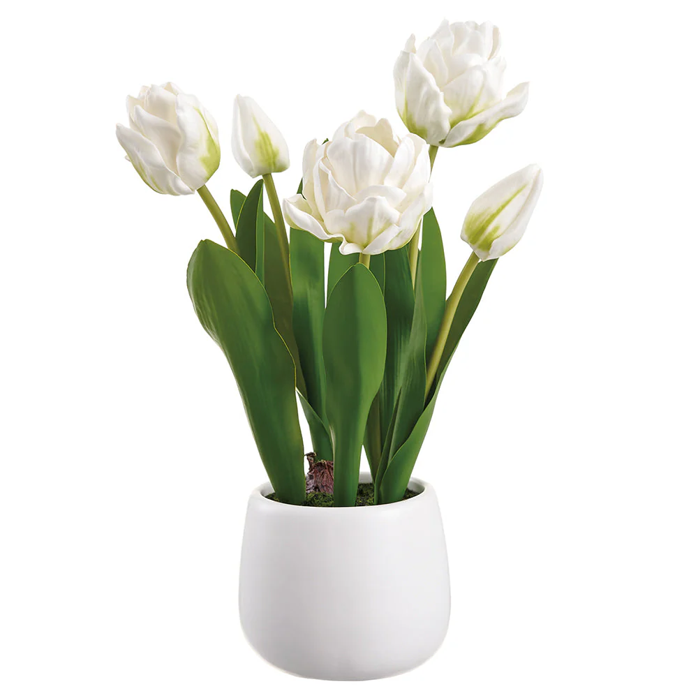 13.5" Tulip Silk Flower Arrangement w/Ceramic Vase -White (Pack of 6)