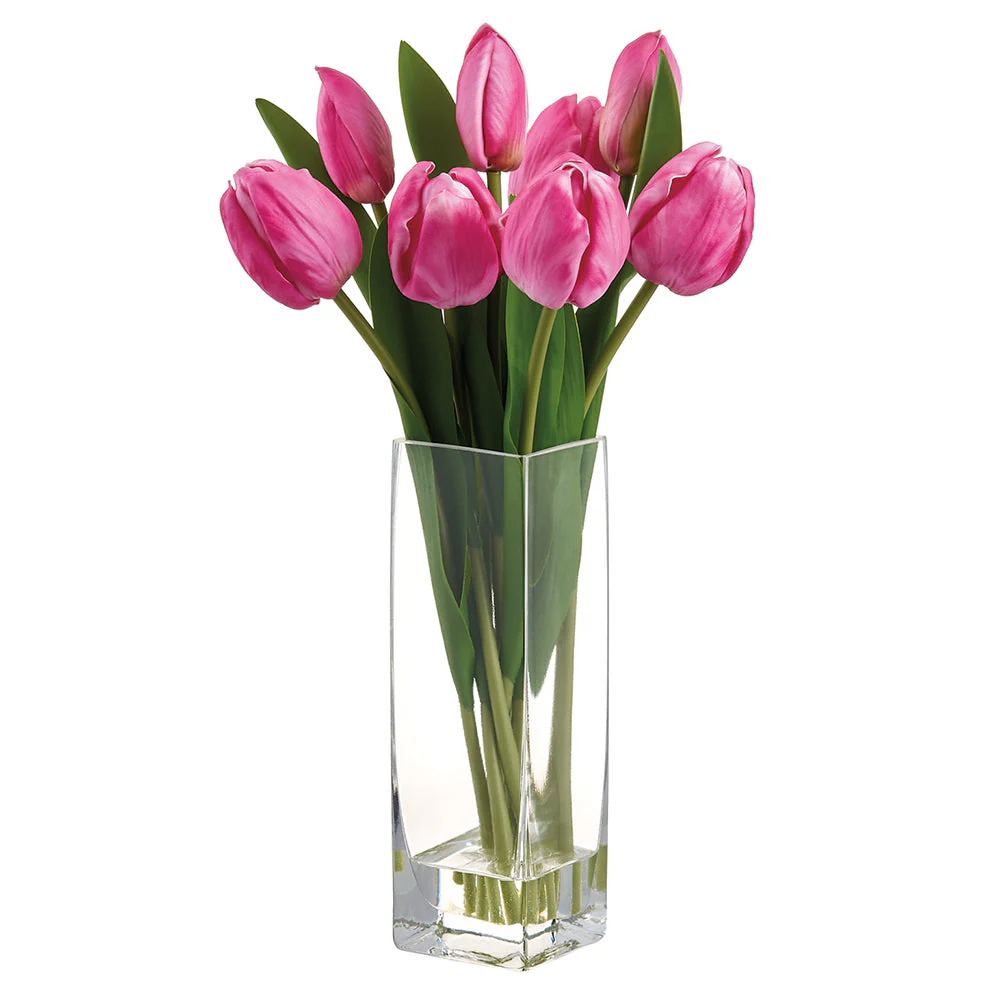 13.5" Tulip Silk Flower Arrangement w/Glass Vase -Fuchsia (Pack of 6)