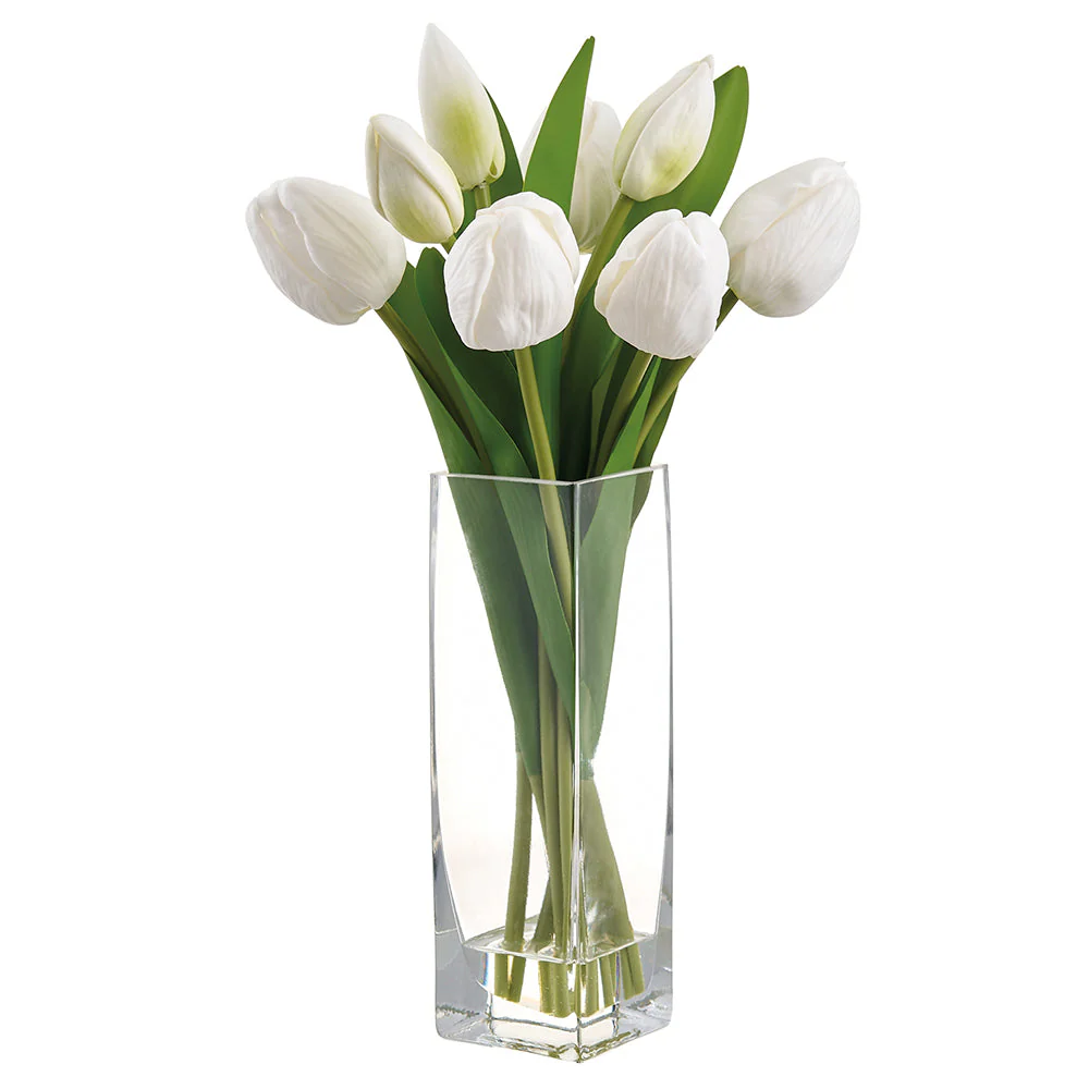 13.5" Tulip Silk Flower Arrangement w/Glass Vase -White (Pack of 6)