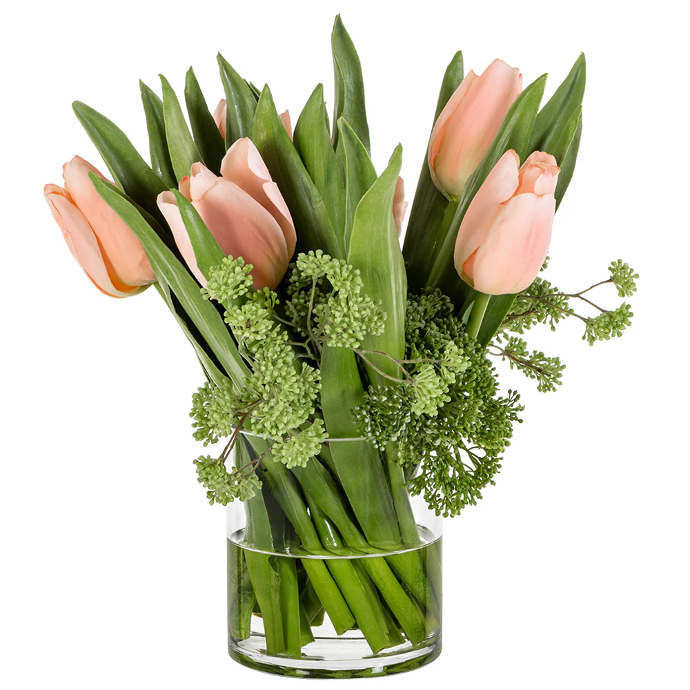 13.5"Hx14"W Silk Tulip Flower Arrangement w/Glass Vase -Peach/Green