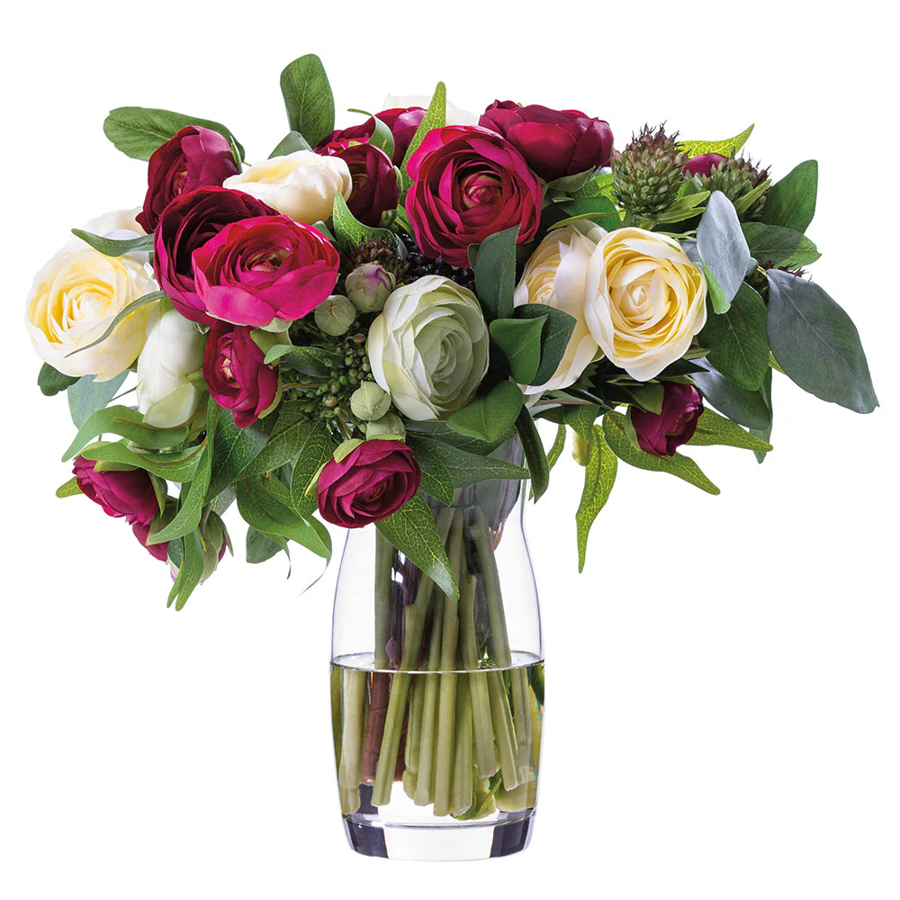 13.5"Hx16"W Mixed Ranunculus, Sedum & Eucalyptus Leaf Silk Flower Arrangement w/Glass Vase -Burgundy/Yellow