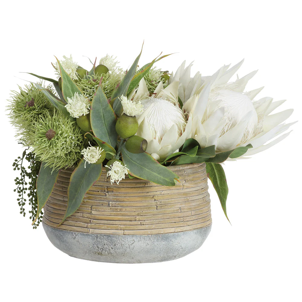 13.5"Hx22"W Protea & Eucalyptus Silk Flower Arrangement w/Cement Planter -Cream/Green