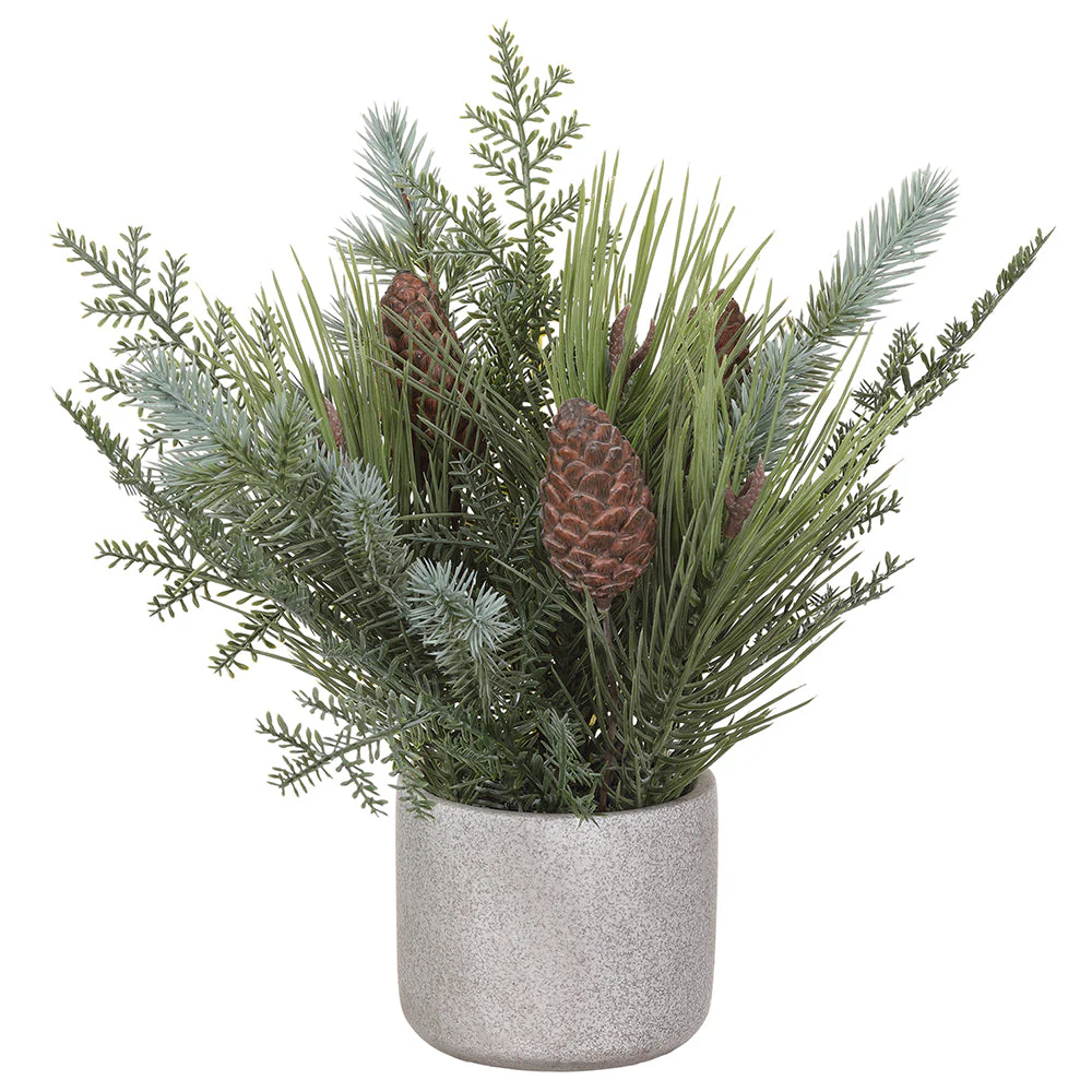 13" Frosted Artificial Pine & Pinecone Plant w/Cement Pot -Green (Pack of 6)