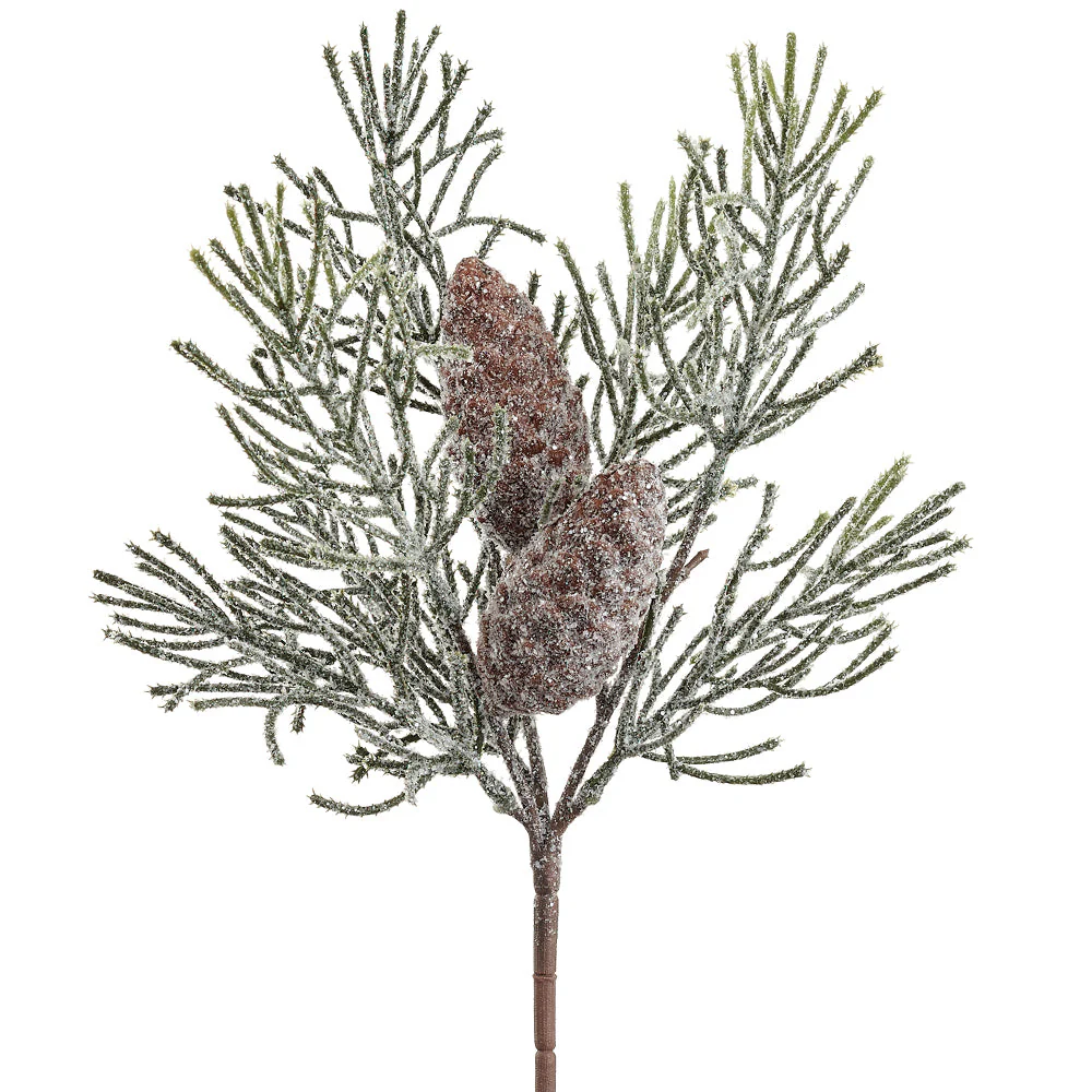 13" Frosted Artificial Pine & Pinecone Stem -Green/Brown (Pack of 12)