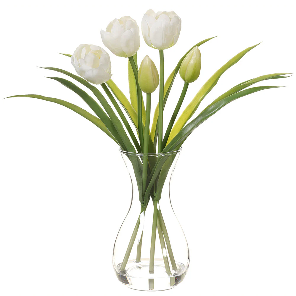 13" Tulip Silk Flower Arrangement w/Glass Vase -White (Pack of 12)