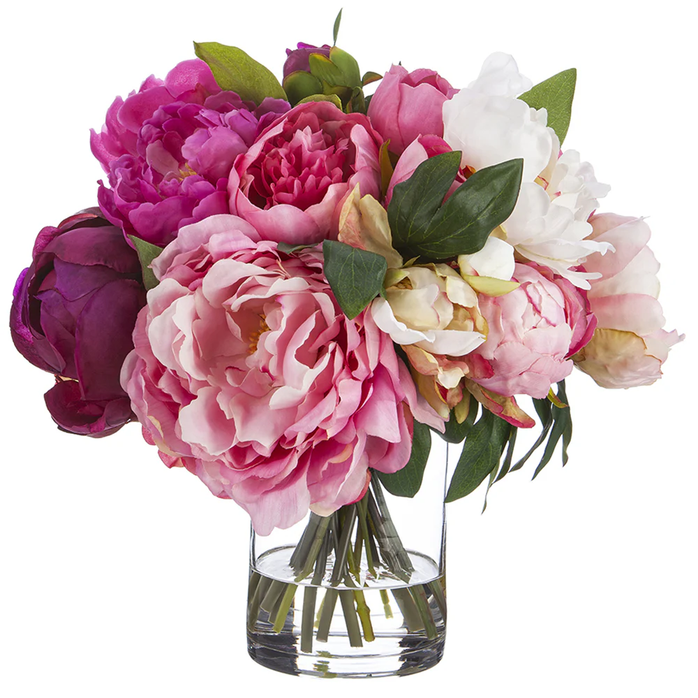 13"Hx13"W Silk Peony Flower Arrangement w/Glass Vase -Pink/Fuchsia