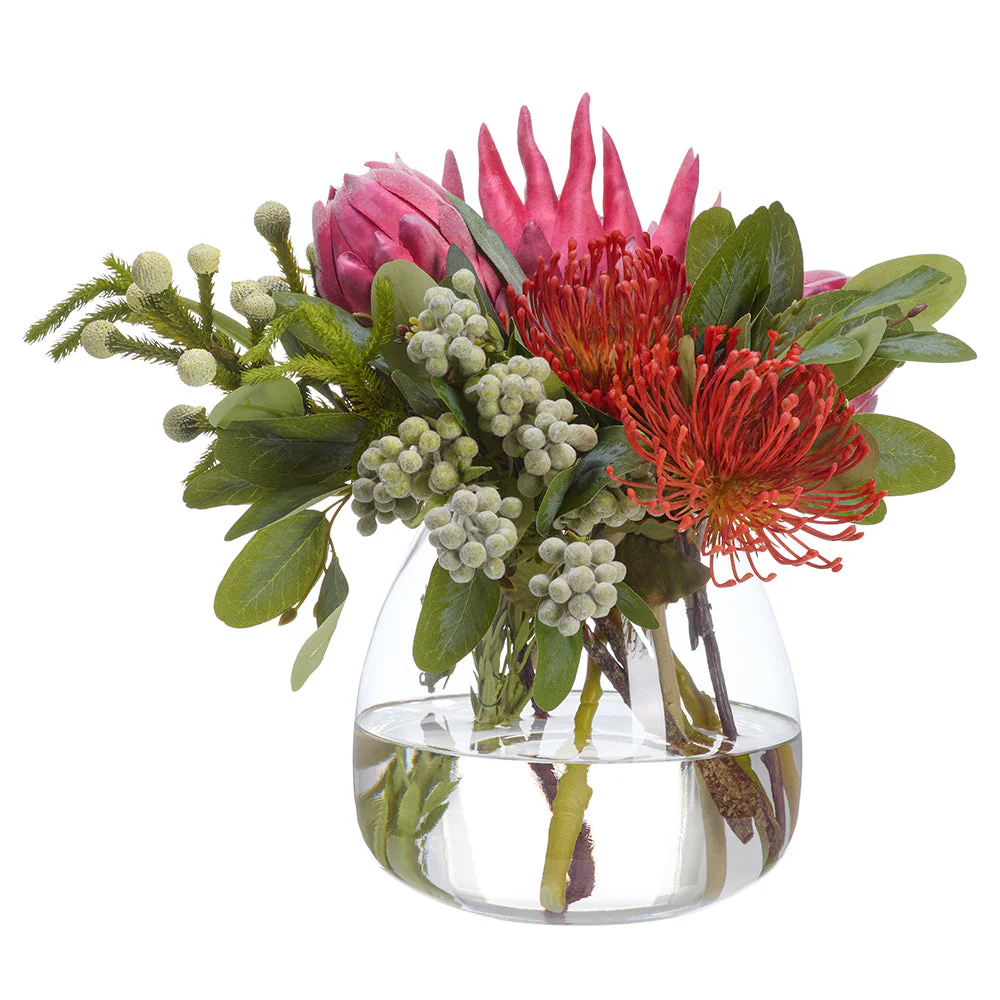13"Hx16"W Protea Silk Flower Arrangement w/Glass Vase -Pink/Green