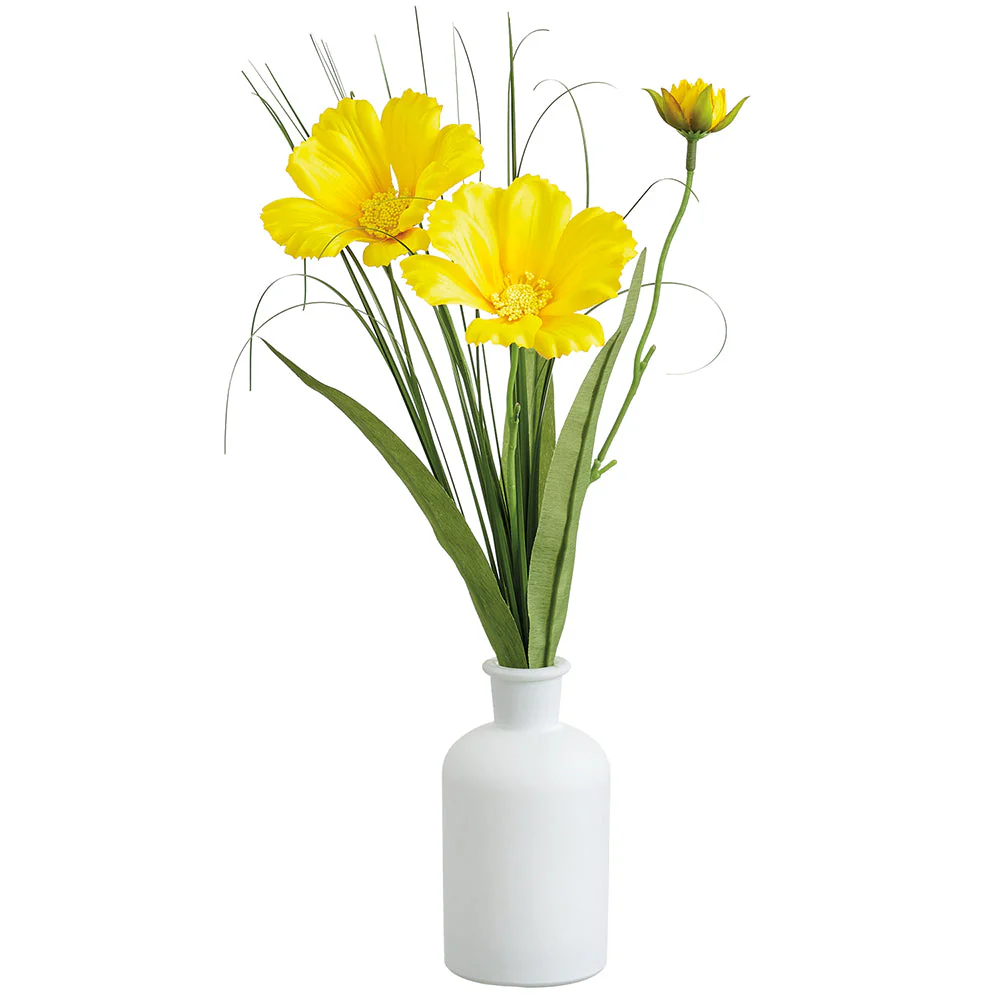 14" Cosmos Silk Flower Arrangement w/Glass Vase -Yellow (Pack of 12)