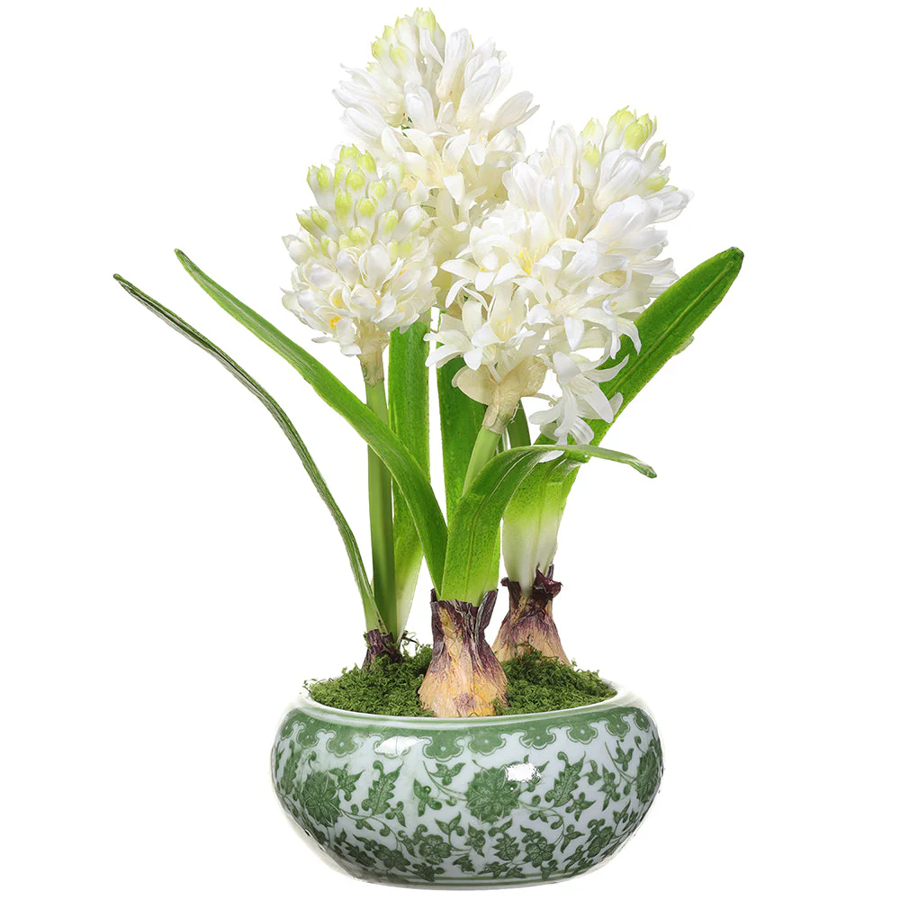 14" Hyacinth Silk Flower Arrangement w/Ceramic Vase -White (Pack of 2)