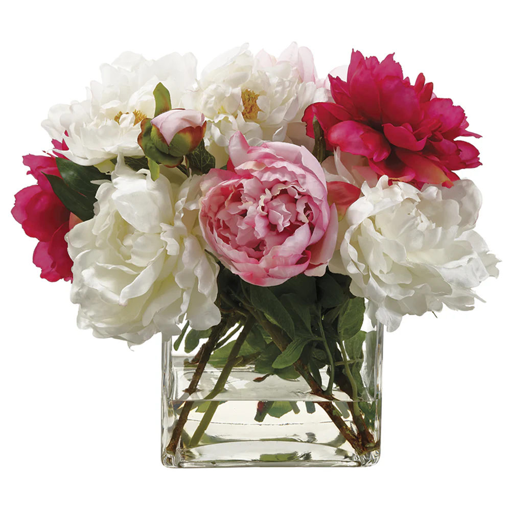 14" Mixed Silk Peony Flower Arrangement w/Glass Vase -Pink/White