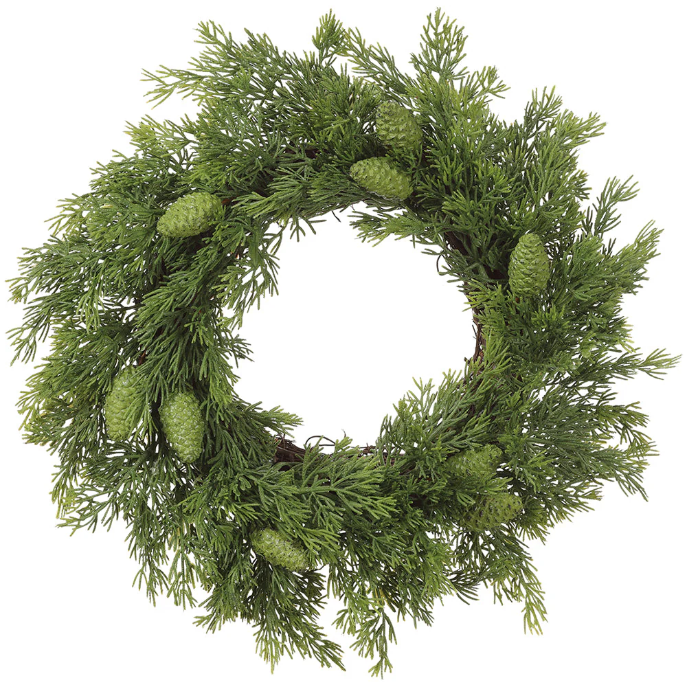 14" PE Soft-Touch Artificial Cedar & Pine Cone Wreath -Green (Pack of 4)