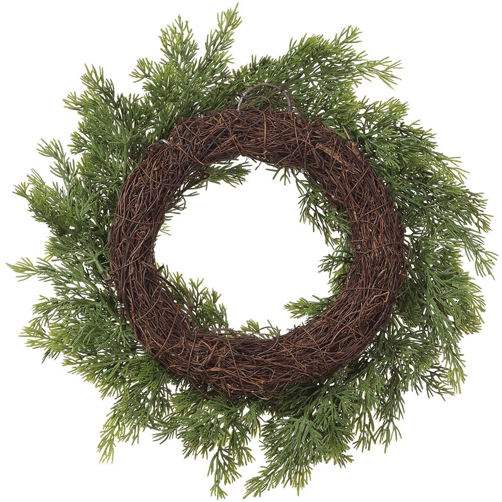 14" PE Soft-Touch Artificial Cedar & Pine Cone Wreath -Green (Pack of 4) - Image 2