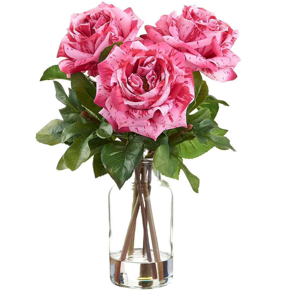 14" Rose Silk Flower Arrangement w/Glass Vase -Beauty/Pink (Pack of 6)