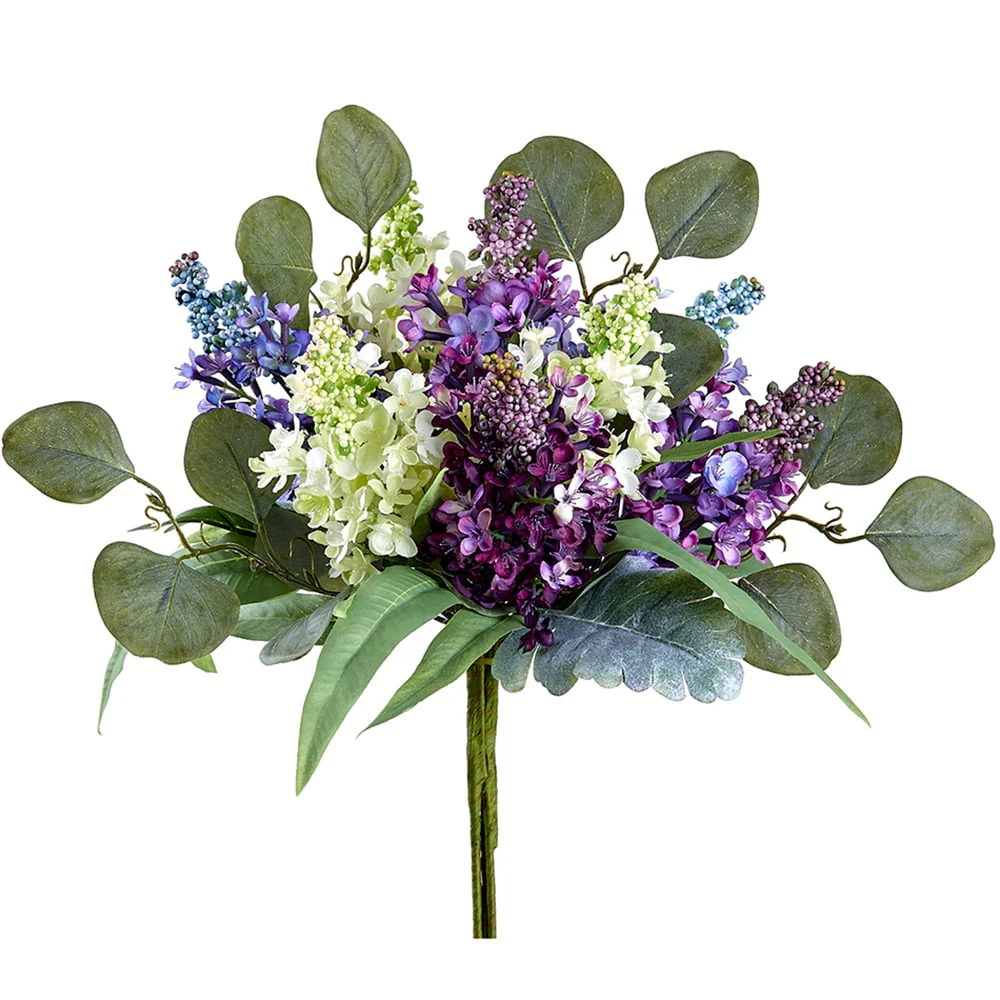 14" Silk Lilac Flower & Eucalyptus Bouquet -Purple/Lavender (Pack of 6)