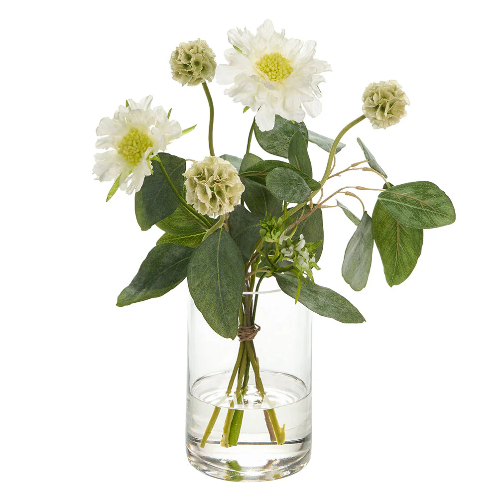 14"Hx11"W Scabiosa & Eucalyptus Leaf Silk Flower Arrangement w/Glass Vase -White/Green
