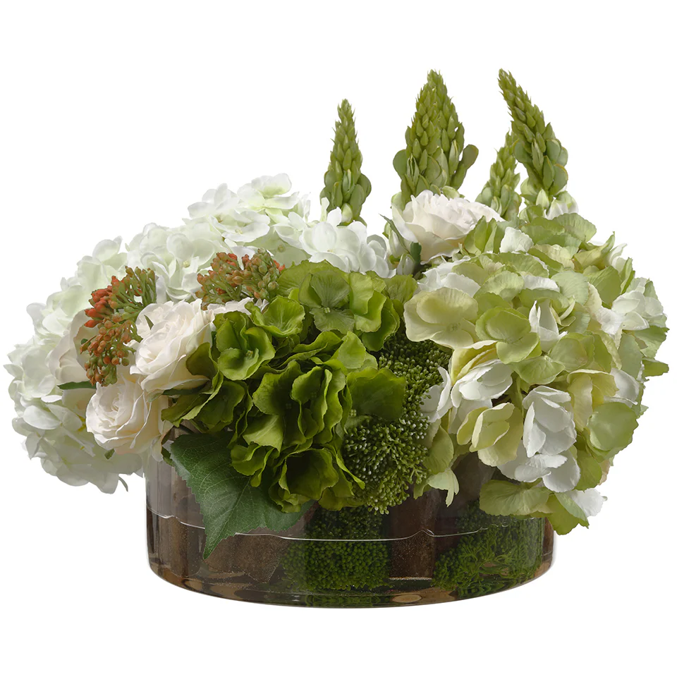 14"Hx19"W Silk Hydrangea, Rose & Lupinus Flower Arrangement w/Glass Vase -Green/White