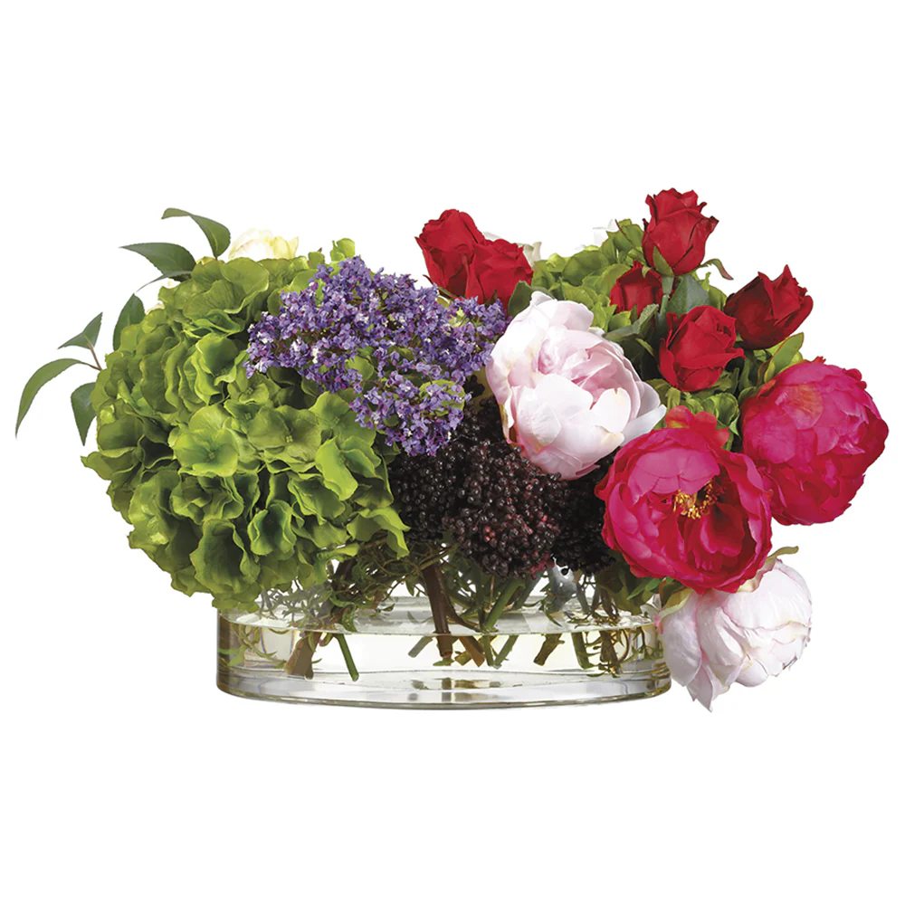 14"Hx22"W Rose, Hydrangea & Peony Silk Flower Arrangement -Green/Rubrum