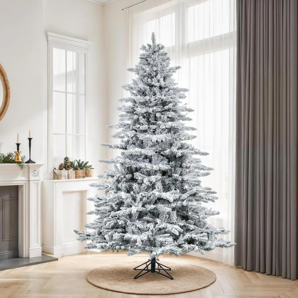 14'Hx96"W Flocked Utica Fir Artificial Christmas Tree, LED Pre-Lit -White/Green - Image 5