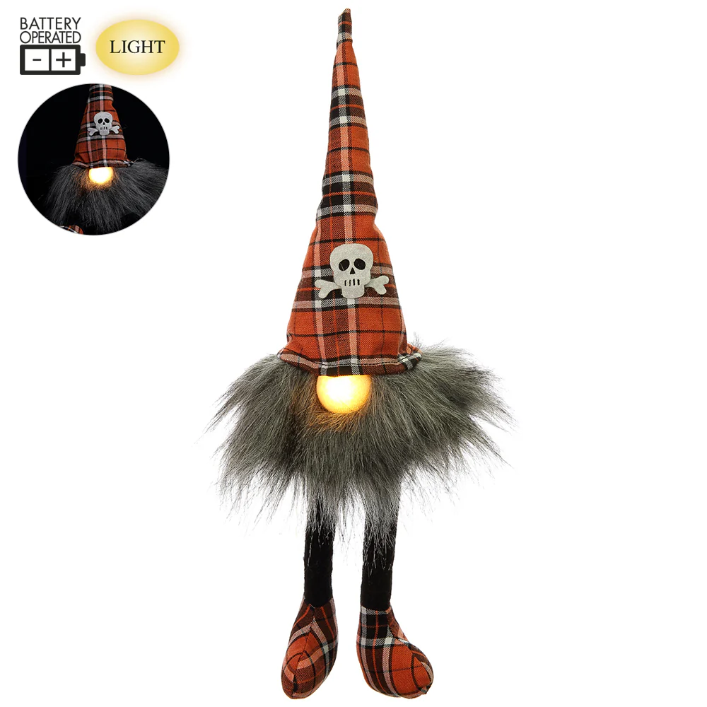 15.25" Battery Operated Halloween Sitting Gnome With Light -Orange/Black (Pack of 12)