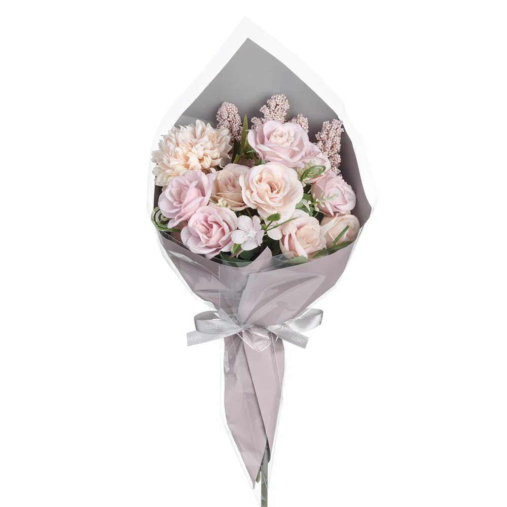 15.5" Wrapped Pastel Rose, Heather & Mum Silk Flower Bouquet -Pink/Blush (Pack of 6)