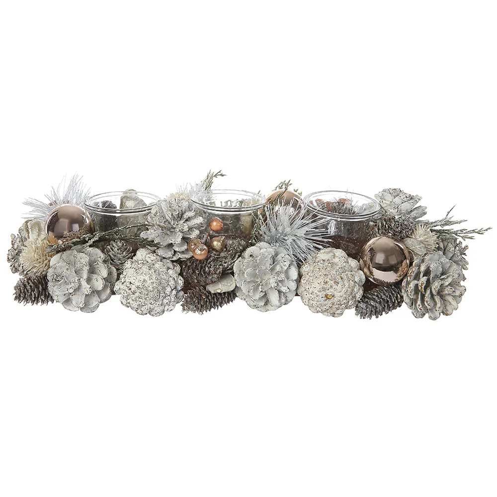 15.7"Wx3.7"H Artificial Pine, Pinecone & Ornament Ball Candle Ring Holder w/Glass -Brown/Gold (Pack of 6)