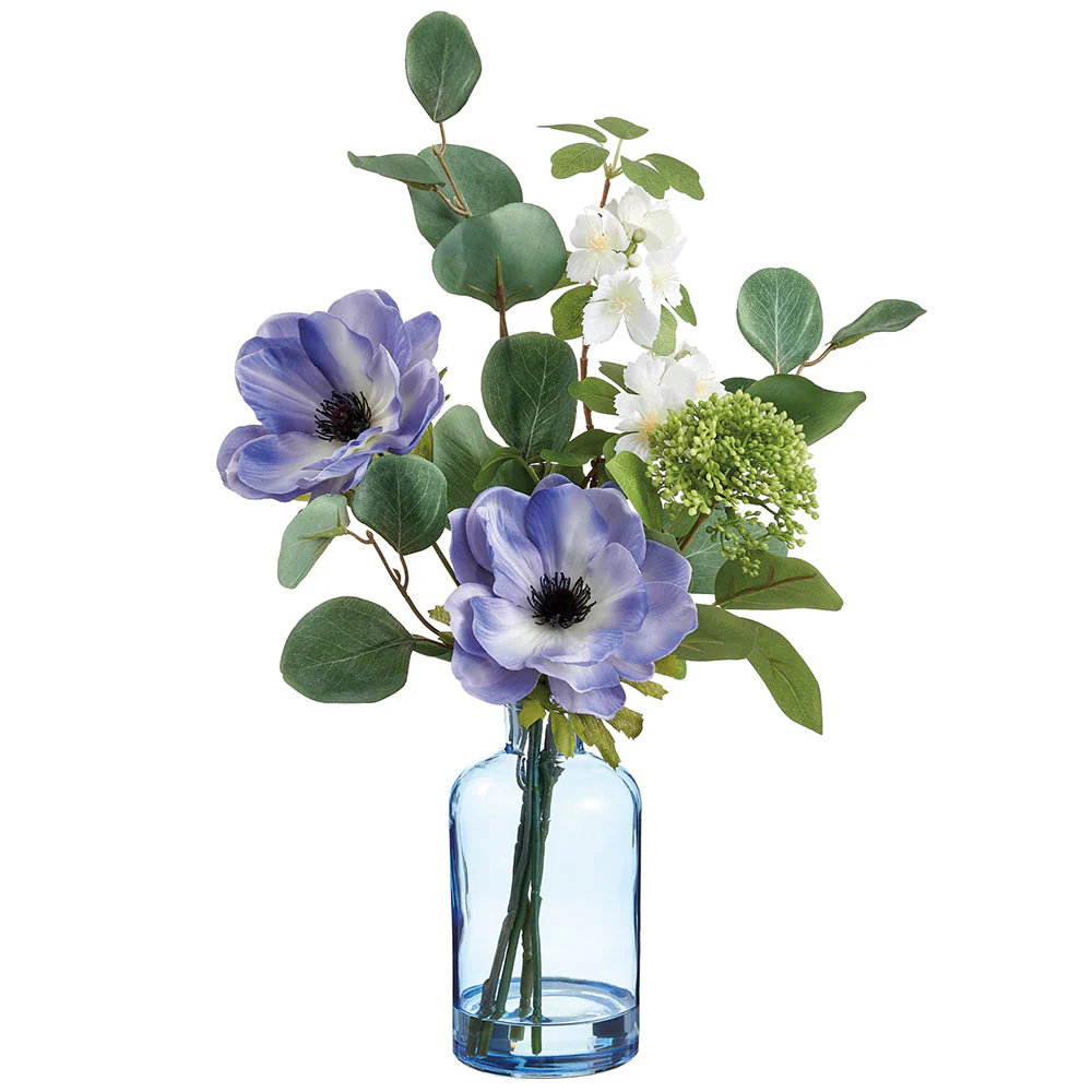 15" Anemone, Dianthus & Sedum Silk Flower Arrangement w/Glass Vase -Blue/White (Pack of 2)