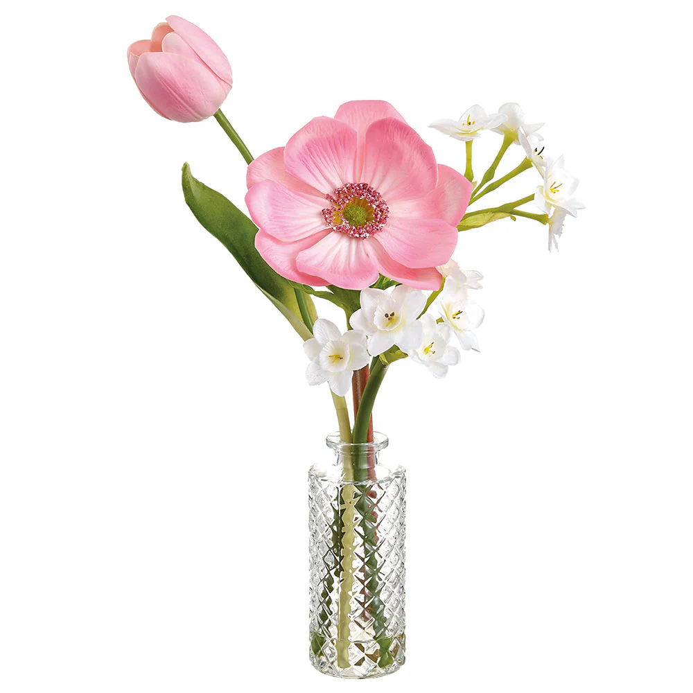 15" Anemone & Tulip Silk Flower Arrangement w/Glass Vase -Pink/Cream (Pack of 6)