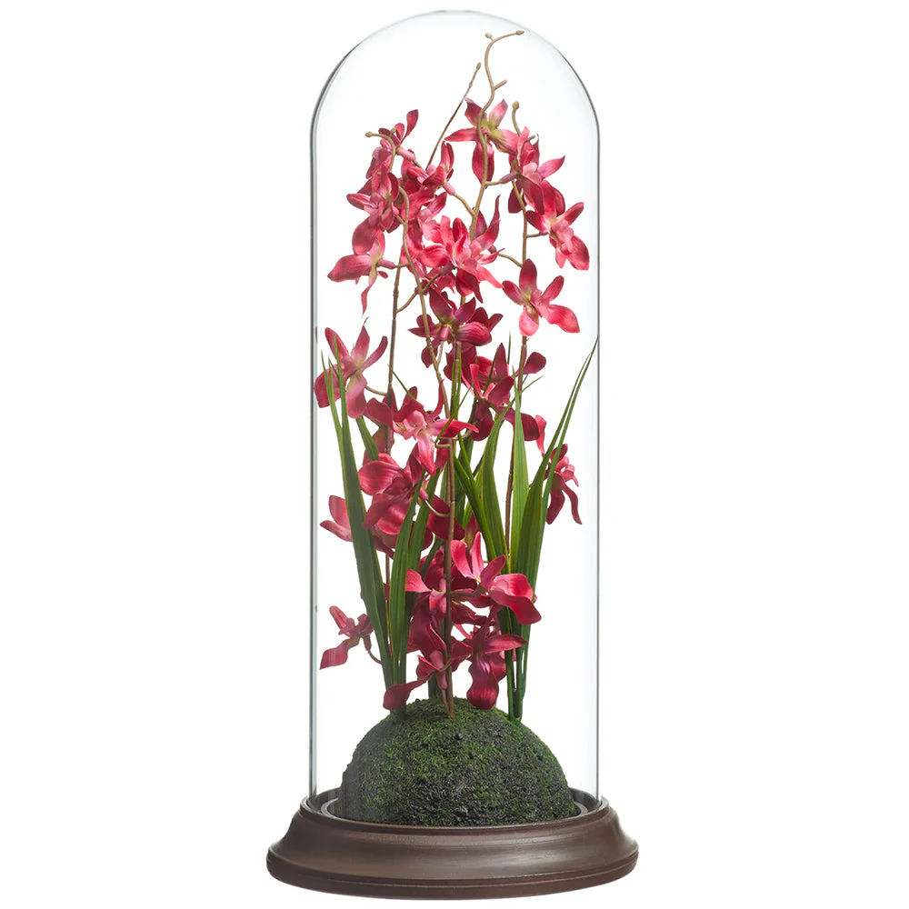 15" Dendrobium Orchid Silk Flower Arrangement w/Glass Dome -Tomato (Pack of 4)