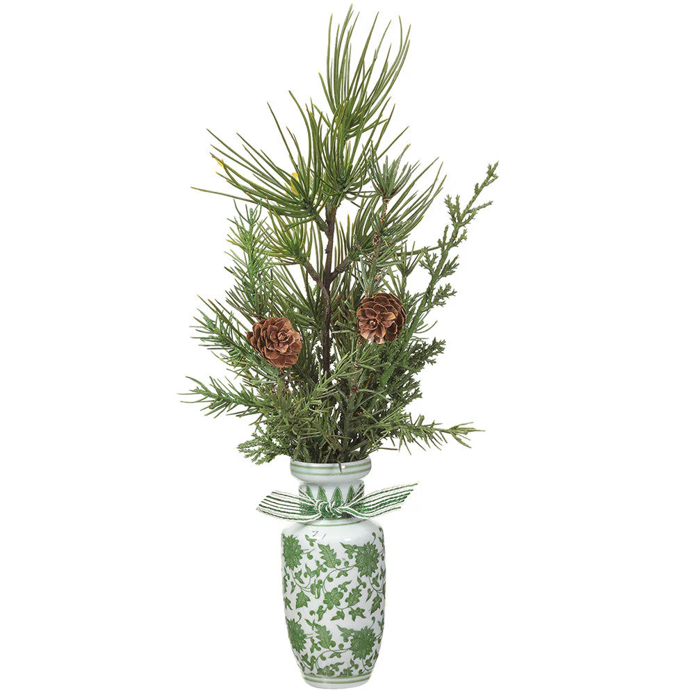 15" Pine & Pinecone Artificial Arrangement w/Ceramic Vase -Green/Brown (Pack of 6)