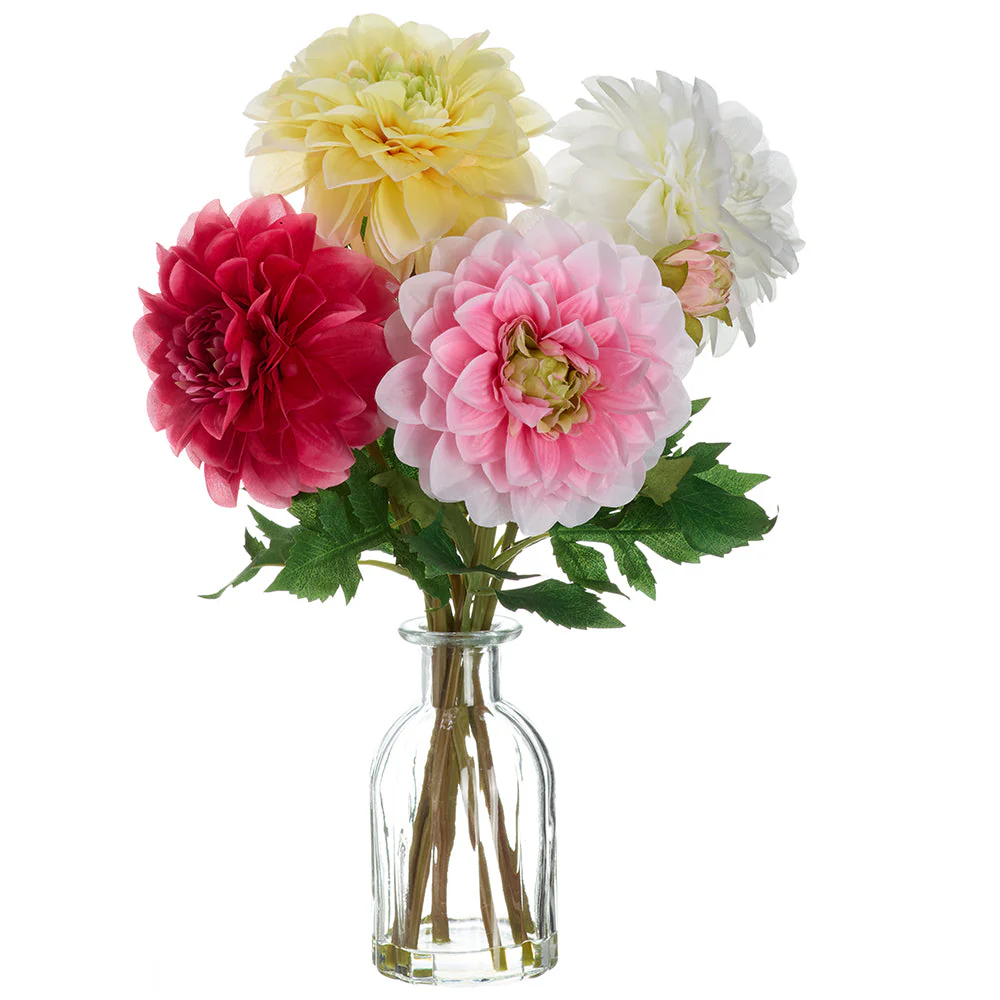 15" Silk Dahlia Flower Arrangement w/Glass Vase -Mixed Colors (Pack of 6)