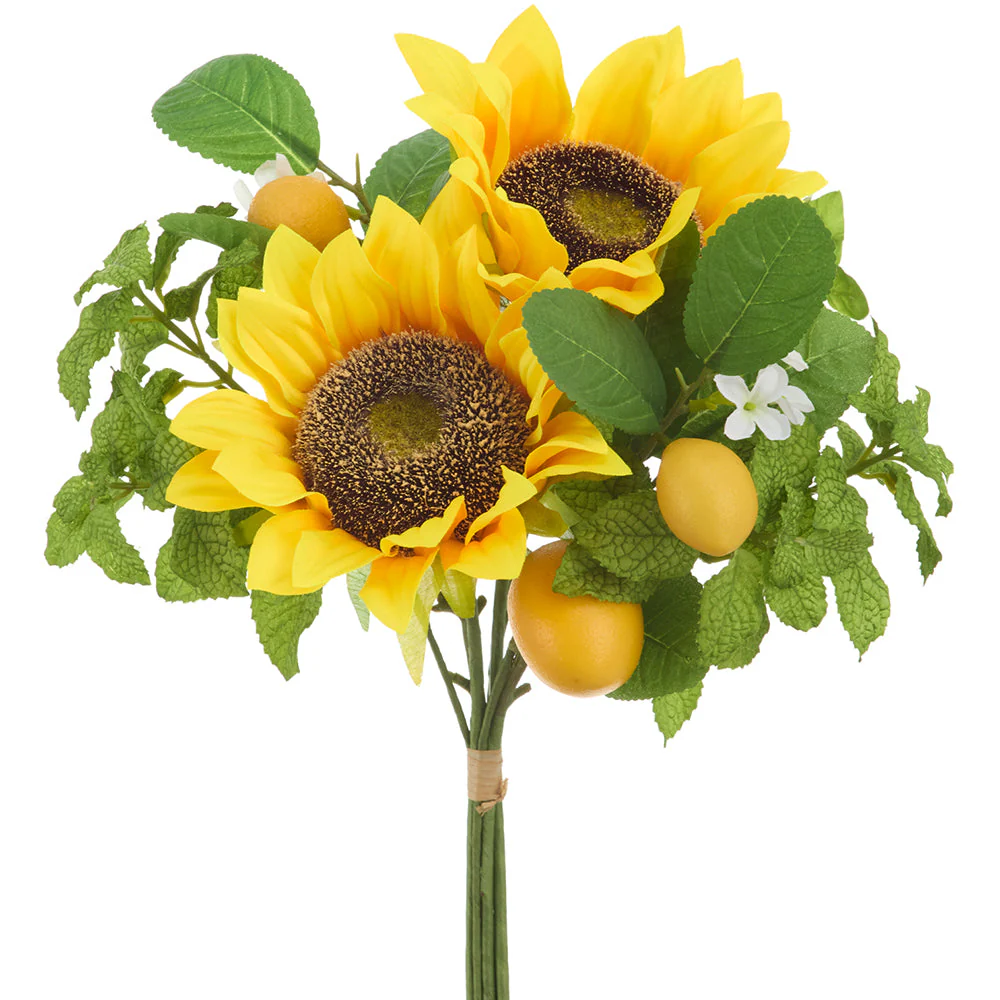 15" Sunflower, Mint Leaf & Lemon Silk Flower Bouquet -Yellow/Green (Pack of 6)