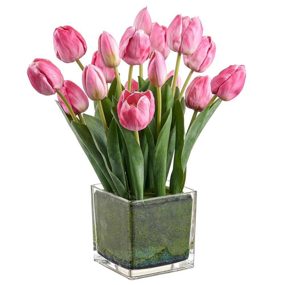 15" Tulip Silk Flower Arrangement w/Glass Vase -Boysenberry/Green (Pack of 4)