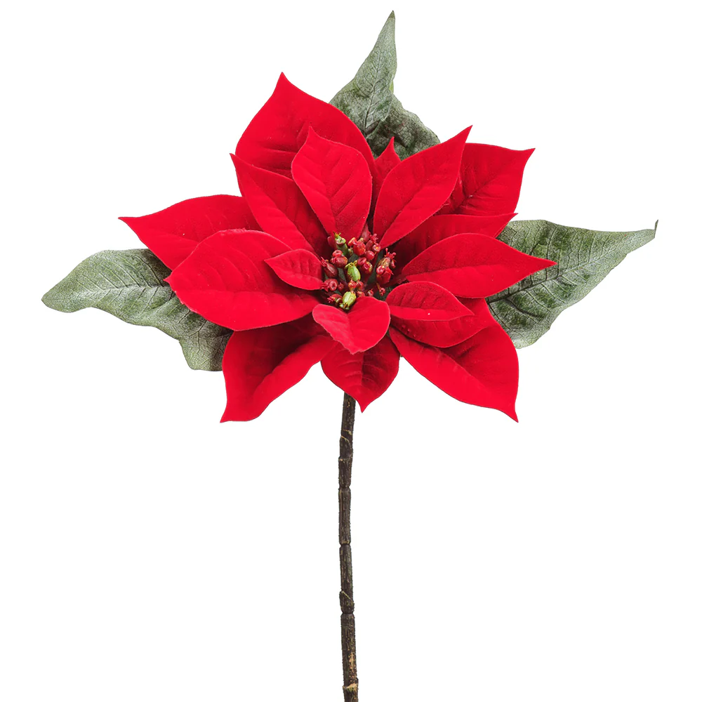 15" Velvet Poinsettia Artificial Flower Stem Pick -Red (Pack of 24)