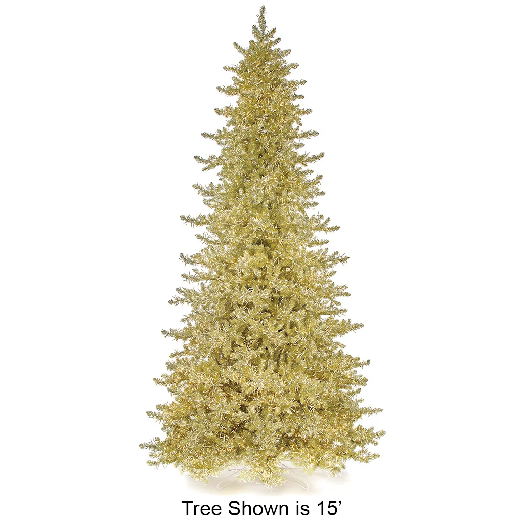 15'Hx80"W Tinsel Sparkling Champagne Artificial Christmas Tree, Micro LED Pre-Lit -Champagne