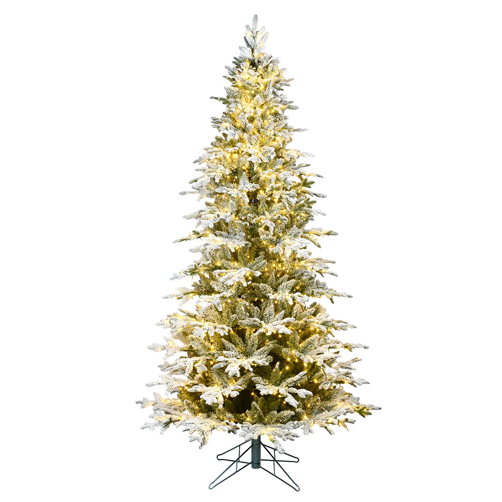 15'Hx88"W PE Slim Flocked Kamas Fraser Fir Artificial Christmas Tree, LED Pre-Lit -White/Green