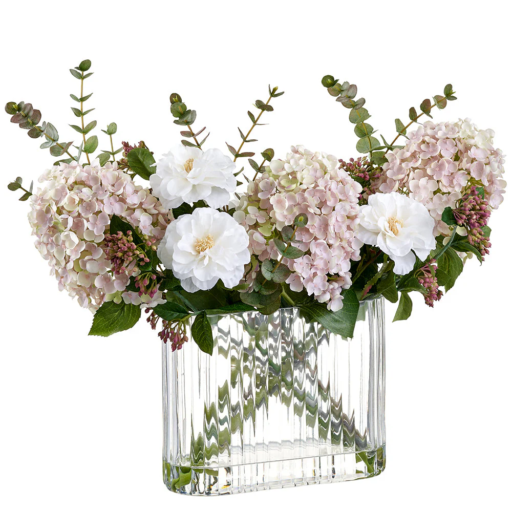 16.5" Cone Hydrangea, Rose & Eucalyptus Leaf Silk Flower Arrangement w/Glass Vase -Pink/Green