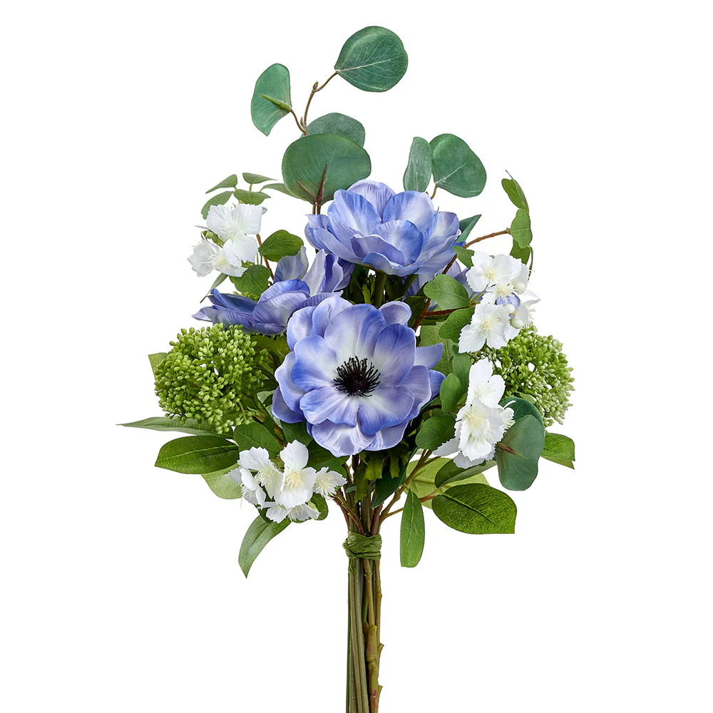 16" Anemone, Dianthus & Sedum Silk Flower Bouquet -Blue/White (Pack of 6)