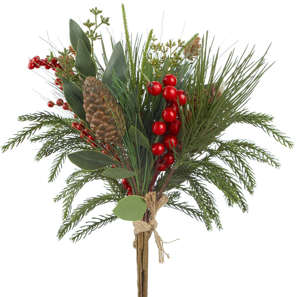 16" Berry, Pinecone & Pine Artificial Stem Bundle -Red/Brown (Pack of 6)