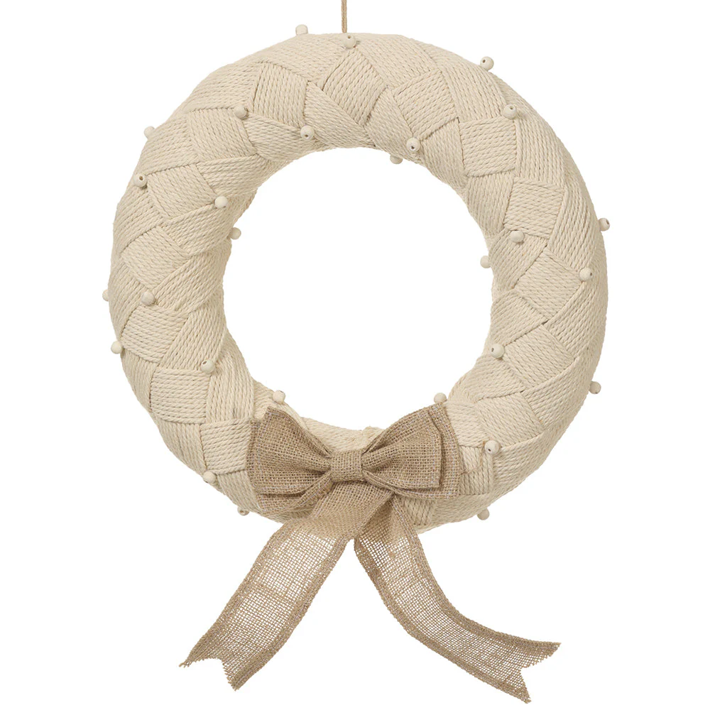 16" Holiday Jute & Ribbon Wreath -Beige/Brown (Pack of 8)