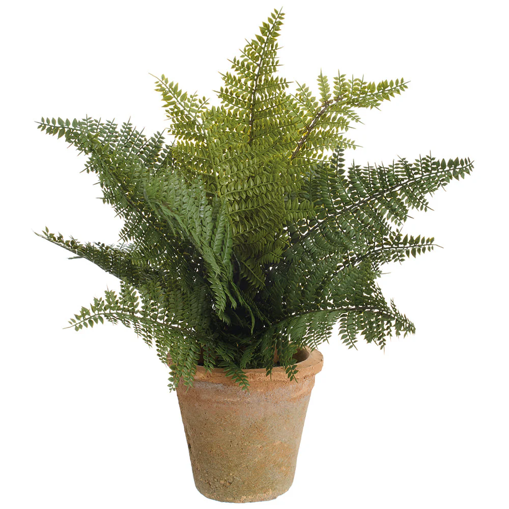 16" PE Soft-Touch Leather Fern Artificial Plant w/Clay Pot -Green (Pack of 4)
