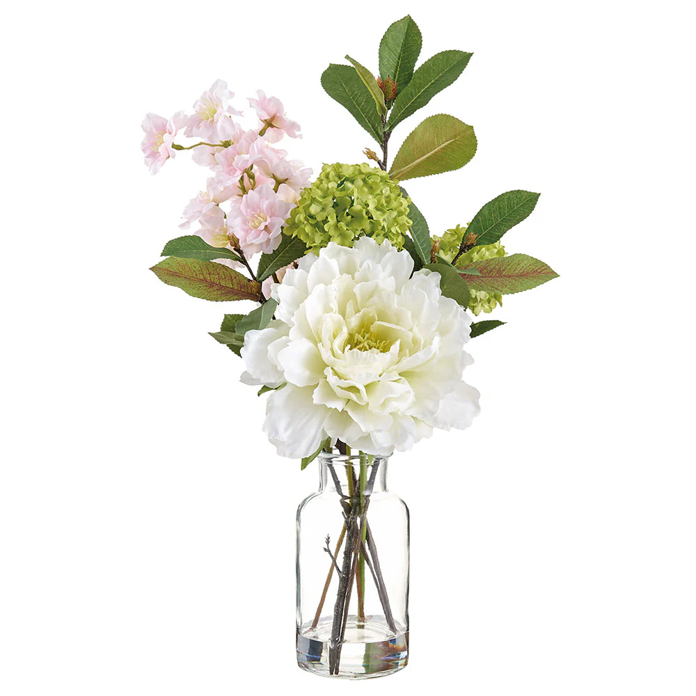 16" Peony & Cherry Blossom Silk Flower Arrangement w/Glass Vase -Cream/Pink (Pack of 4)