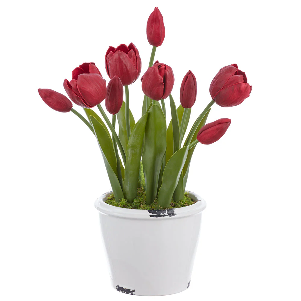 16" Tulip Silk Flower Arrangement w/Terra Cotta Vase -Burgundy (Pack of 4)