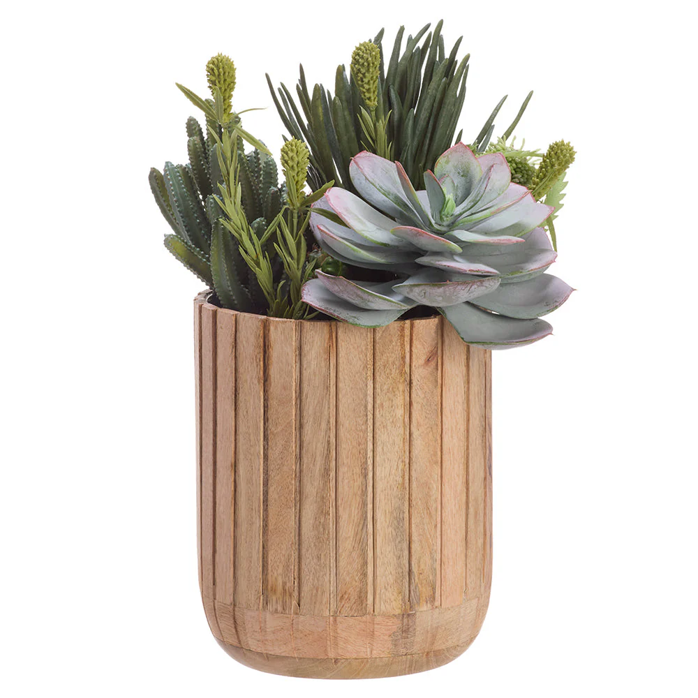 16"Hx12"W Mixed Succulent Garden Artificial Plant w/Wood Planter -2 Tone Green