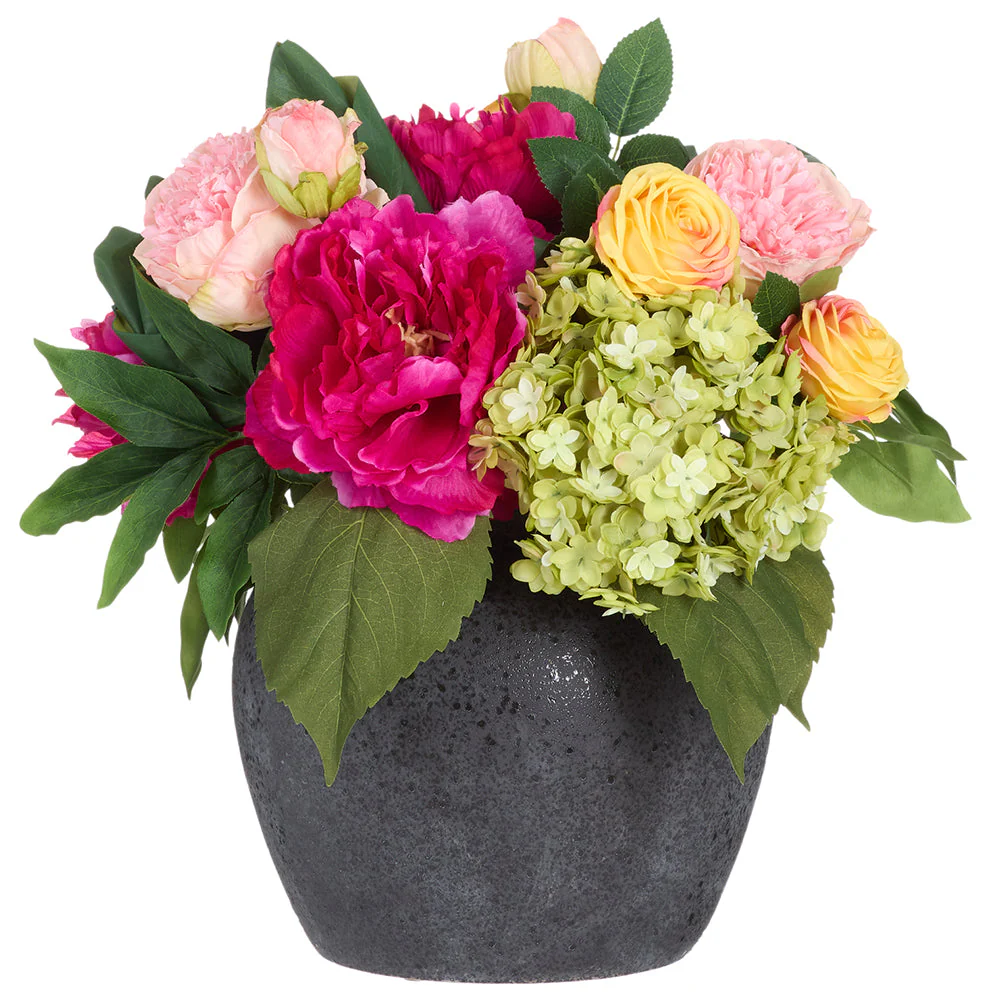 16"Hx15"W Peony, Rose & Hydrangea Silk Flower Arrangement w/Ceramic Pot -Pink/Green
