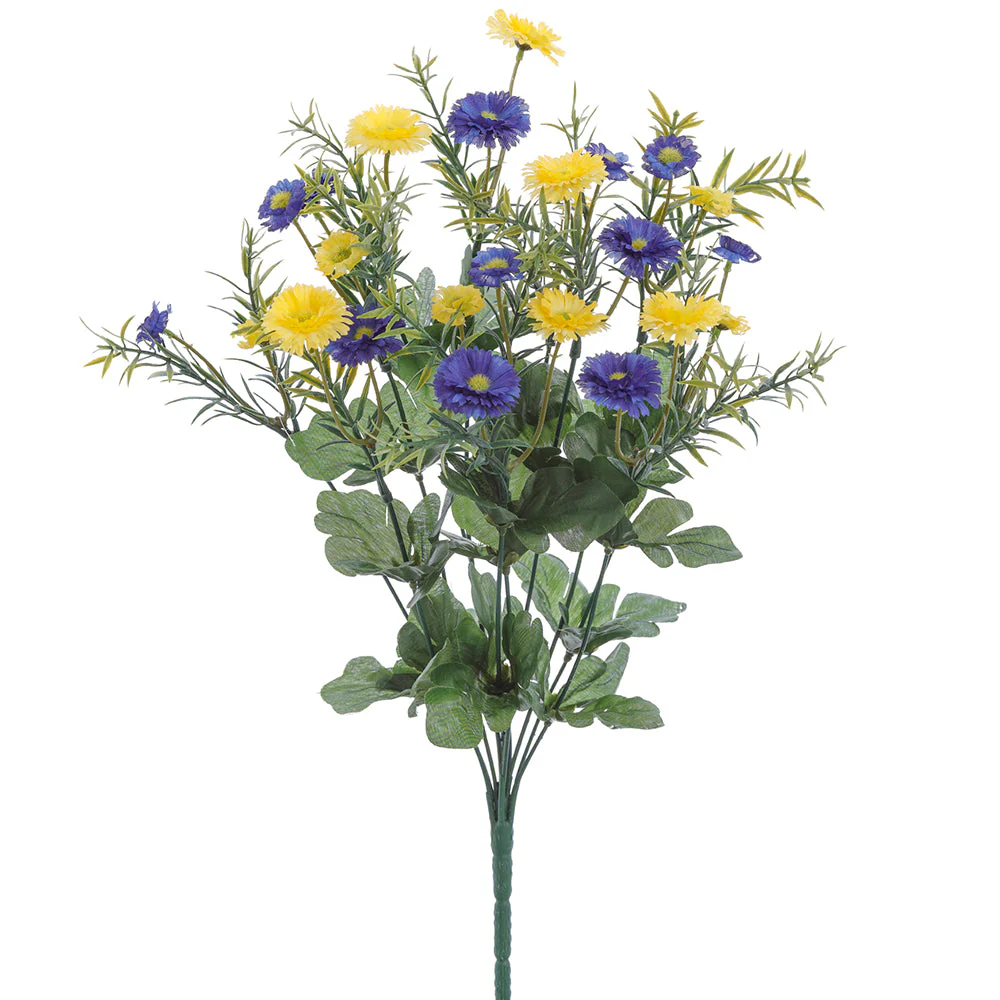 17.5" Mini Daisy Silk Flower Bush -Blue/Yellow (Pack of 12)