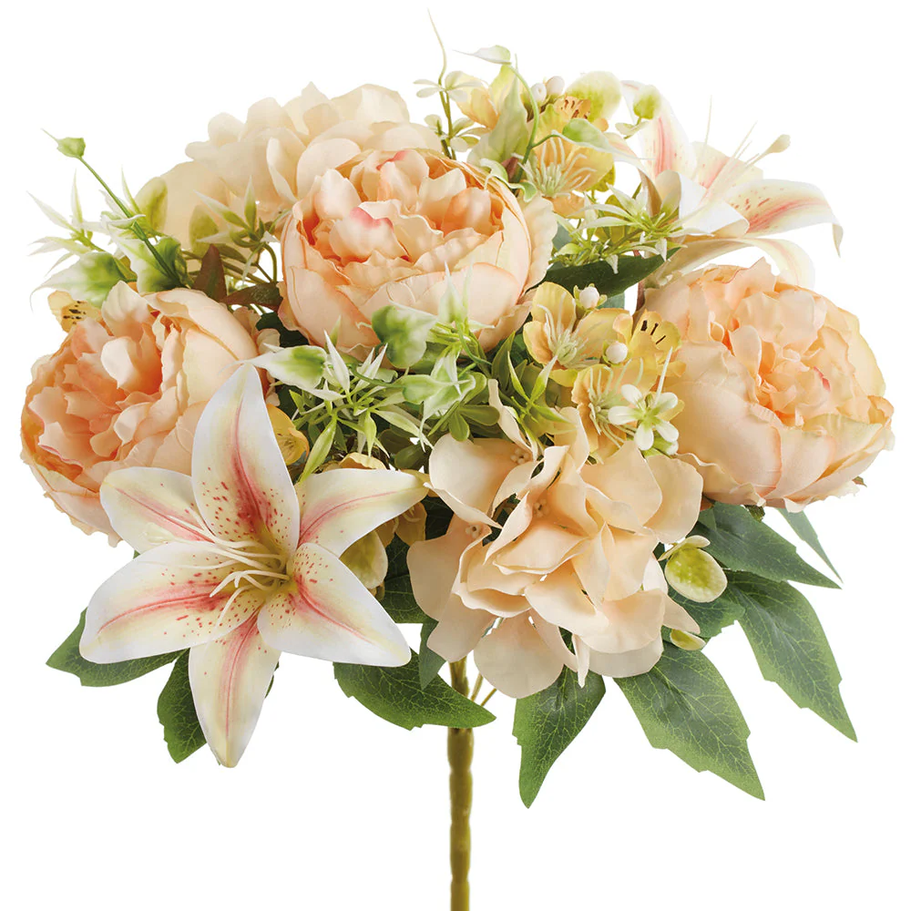 17.5" Mixed Peony & Lily Silk Flower Bush -Peach/Yellow (Pack of 6)