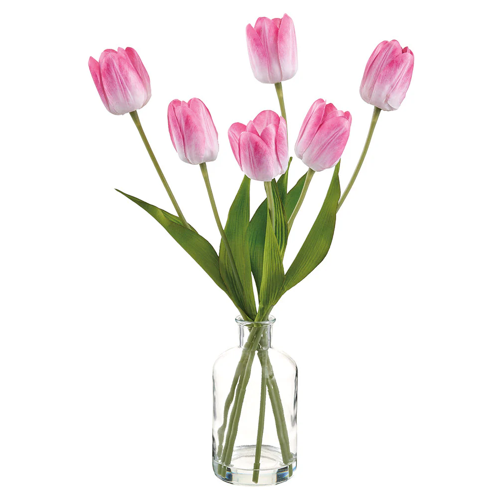 17.5" Tulip Silk Flower Arrangement w/Glass Vase -Soft Pink (Pack of 12)
