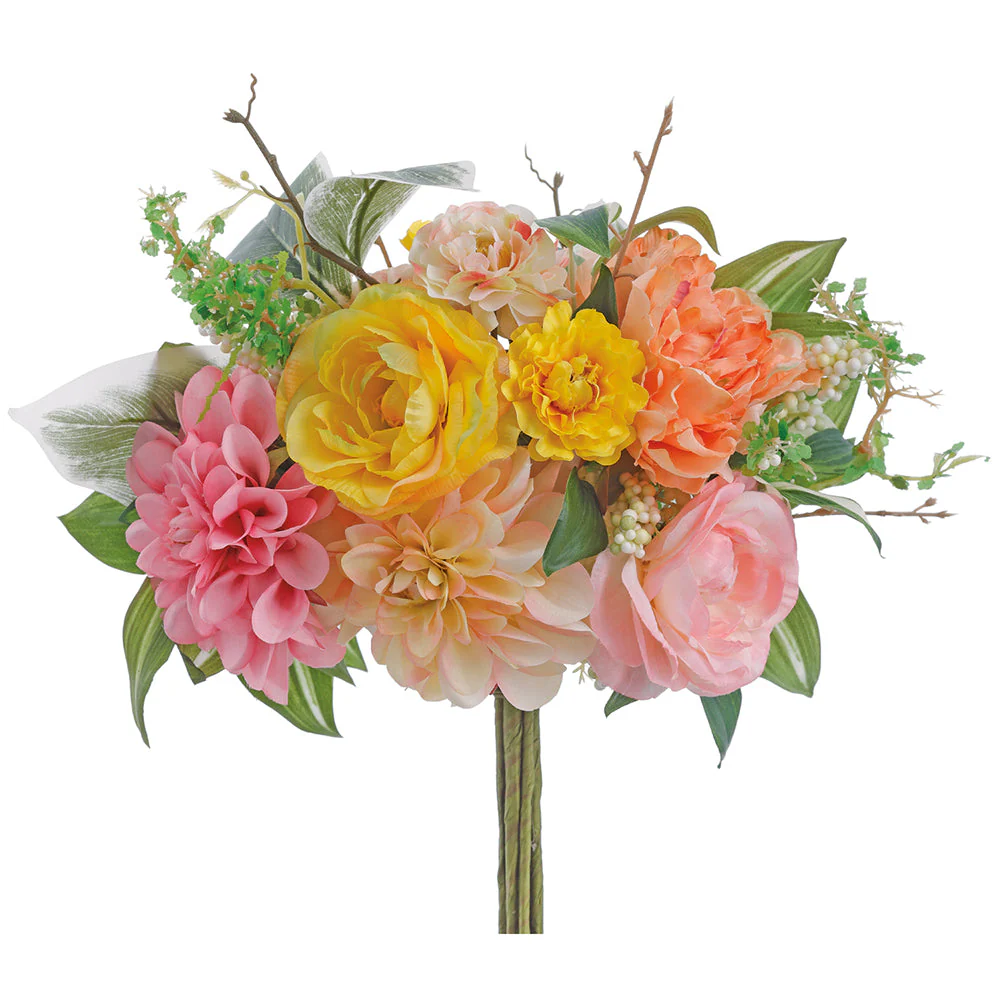 17" Dahlia & Ranunculus Silk Flower Bouquet -Pink/Peach (Pack of 6)
